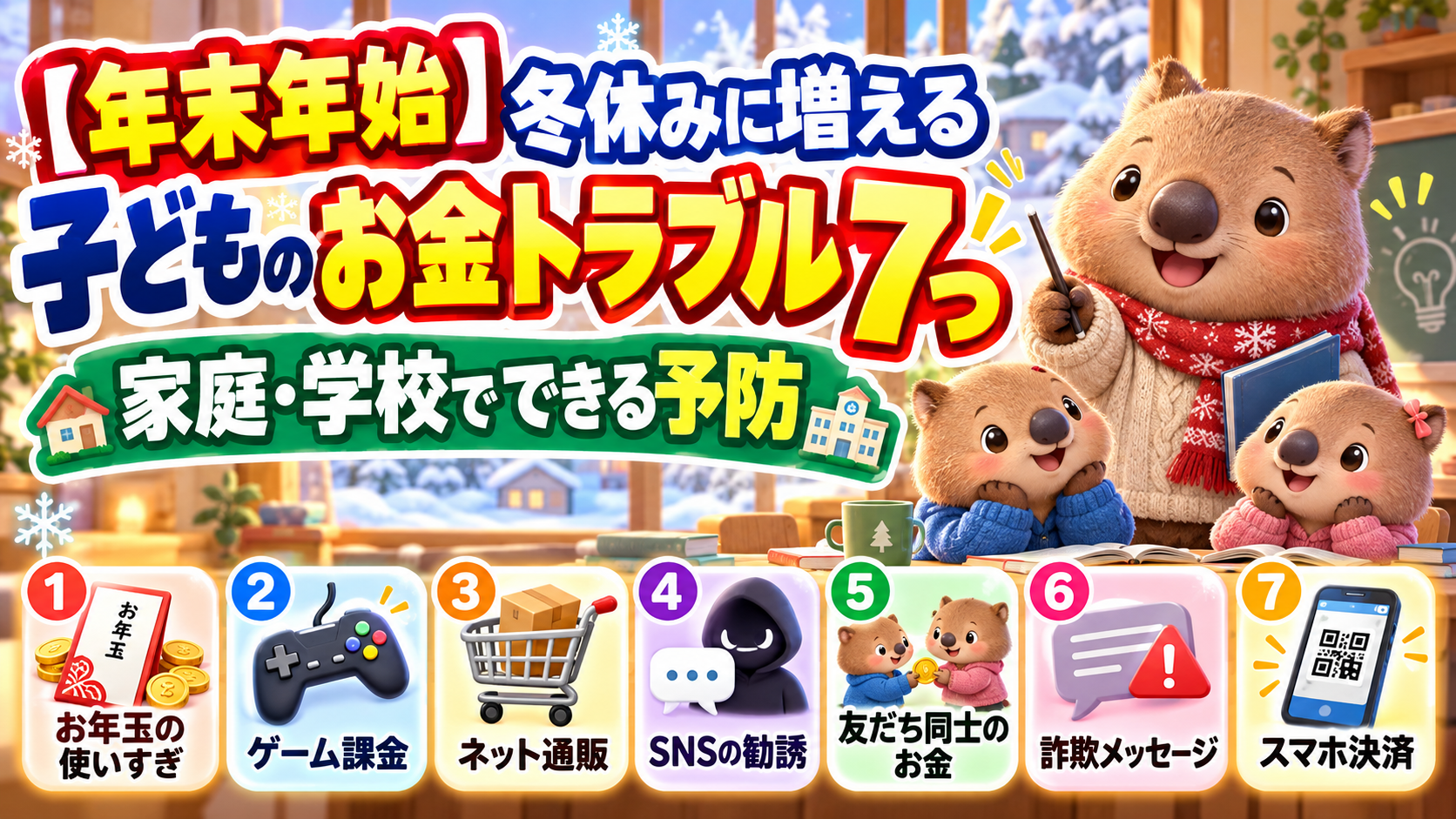 【年末年始】冬休みに増える「子どものお金トラブル」7つと、家庭・学校でできる予防のイメージ図