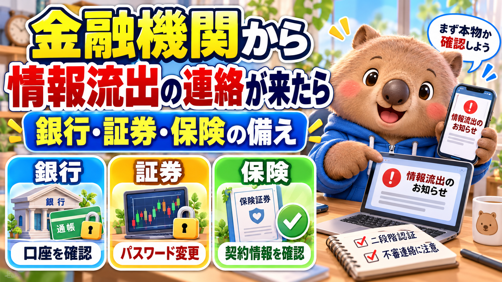 金融機関から情報流出の連絡が来たら｜銀行・証券・保険の備えのイメージ図