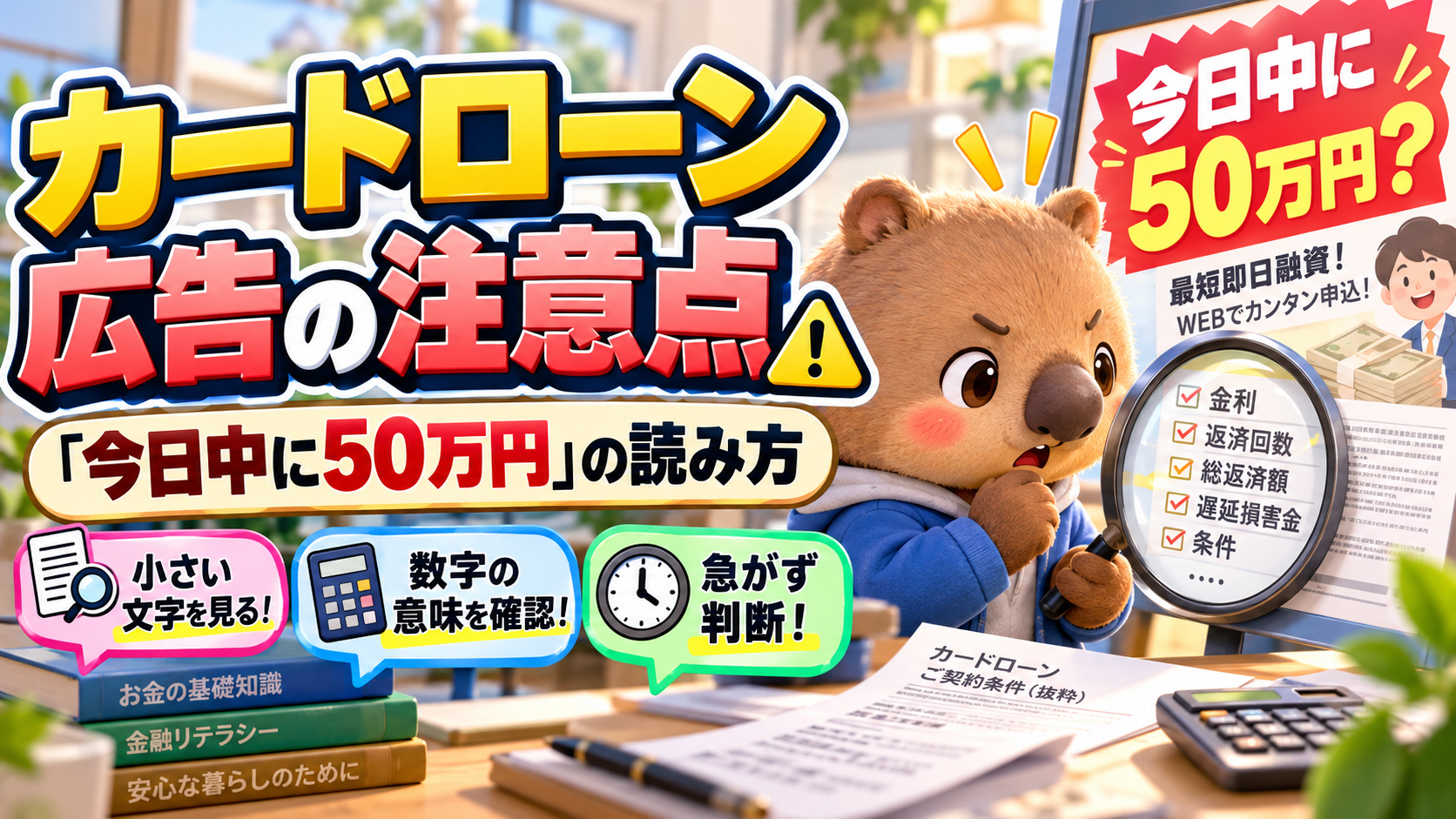 カードローン広告の注意点｜「今日中に50万円」の読み方のイメージ図