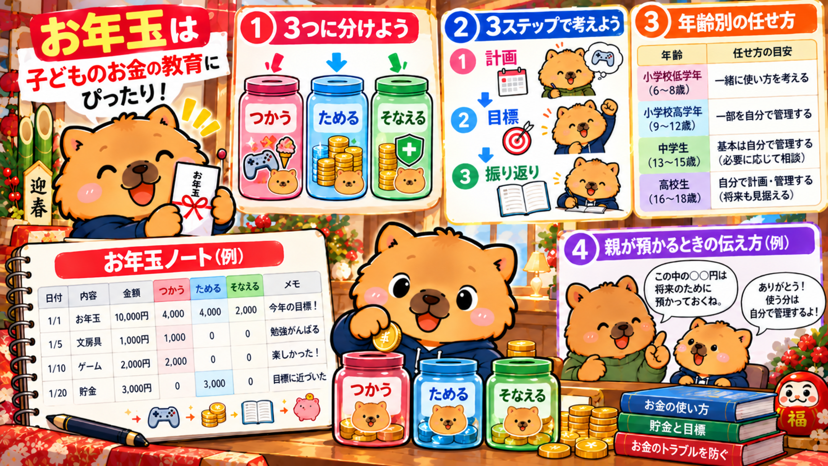 お年玉ではじめるお金の教育｜年齢別の任せ方とお年玉ノートのイメージ図