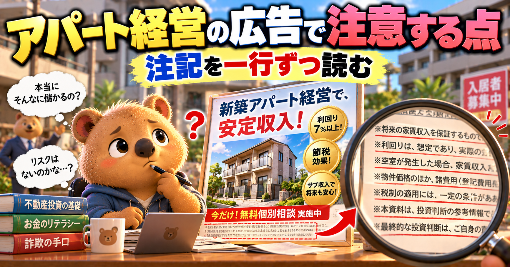 アパート経営の広告で注意する点｜注記を一行ずつ読むイメージ図