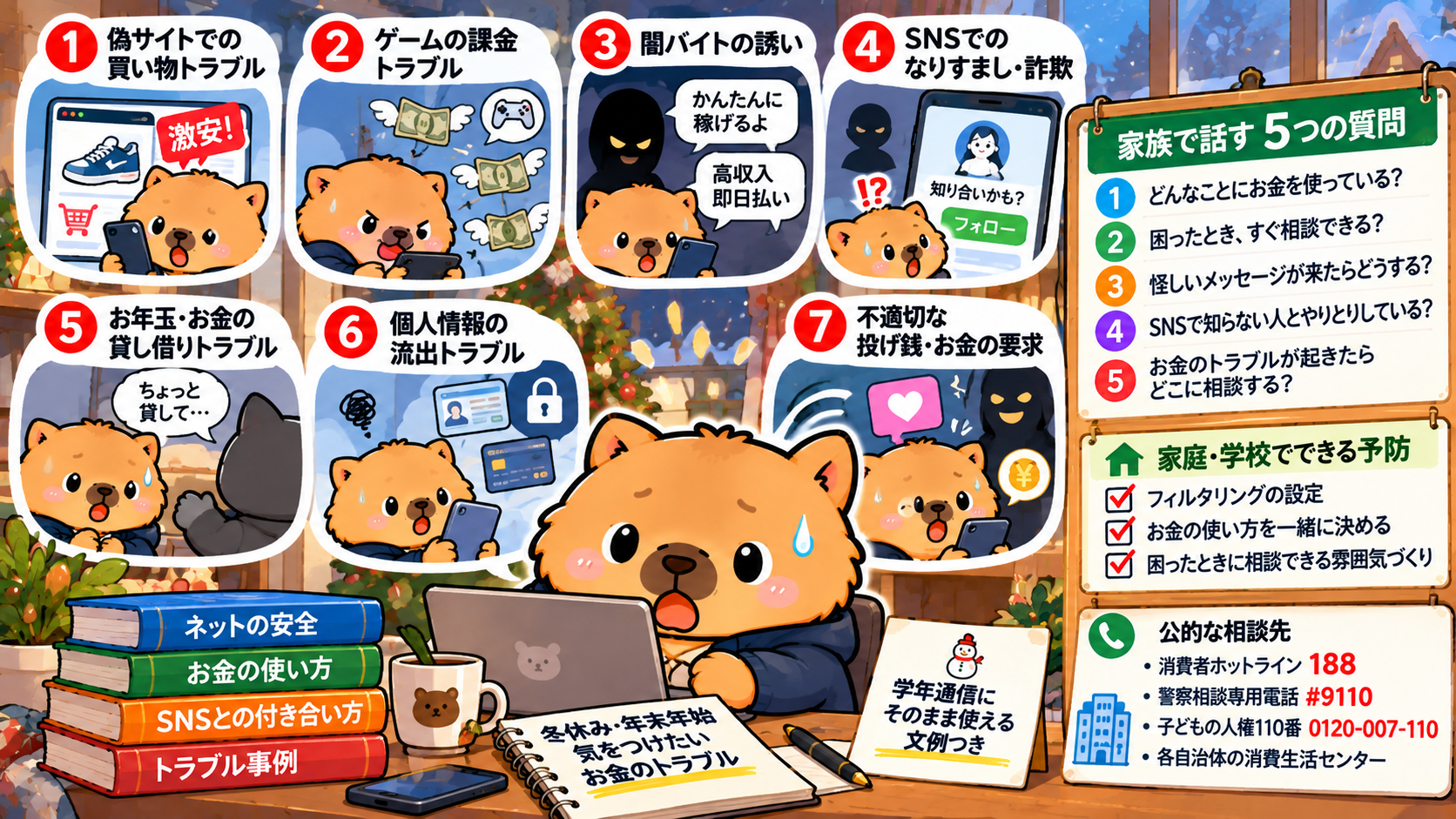 冬休みに増える子どものお金トラブル7つ｜学年通信の文例つきのイメージ図