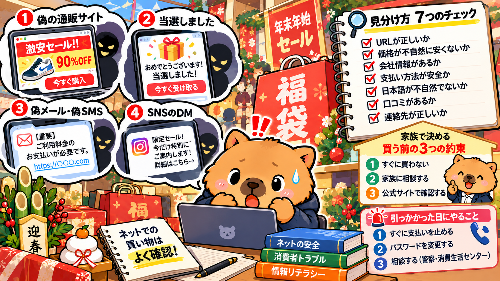 年末年始のネット詐欺｜偽サイト・福袋の見分け方7つのイメージ図