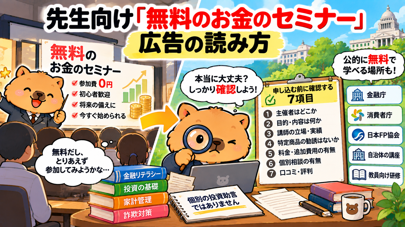 先生向け「無料のお金のセミナー」広告の読み方のイメージ図